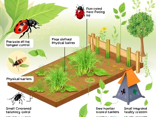 A detailed, realistic illustration showing various integrated pest management techniques, including ladybugs for biological control, a well-maintained garden with physical barriers, and a small monitoring trap, all in a balanced, healthy ecosystem.