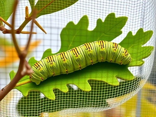 A clean mesh enclosure with fresh oak leaves, showing a healthy large Japanese oak silk moth caterpillar feeding, realistic, bright natural light, professional photography.