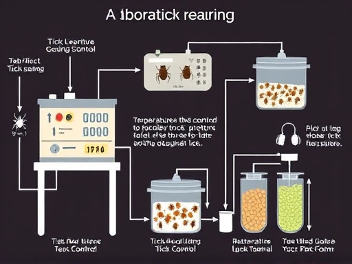 A detailed scientific diagram illustrating a laboratory tick rearing setup, showing temperature and humidity control, various tick stages in transparent containers, and a feeding system. The image should be clean, precise, and educational, focusing on the technical aspects of tick care.