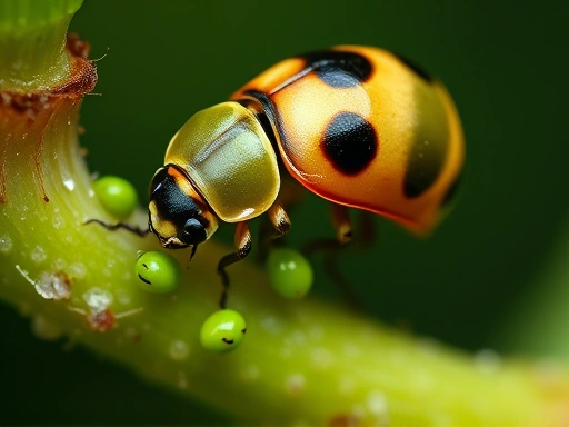 A detailed macro shot of a ladybug larva, with its distinctive alligator-like appearance, diligently consuming tiny green aphids on a plant stem, highlighting the efficiency of ladybug rearing for aphid management.