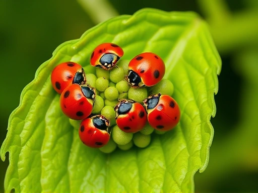 A vibrant close-up shot of several bright red ladybugs with black spots actively feasting on a cluster of green aphids on a lush, healthy plant leaf, demonstrating effective ladybug pest control.