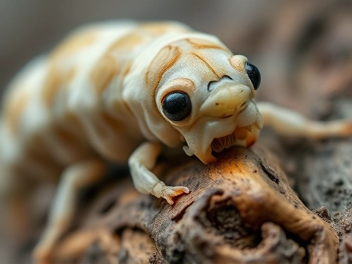 A close-up, highly detailed shot of a large, plump ghost moth larva, showcasing its intricate skin patterns and strong mandibles as it feeds on a fresh tree root, emphasizing its impressive size and health.
