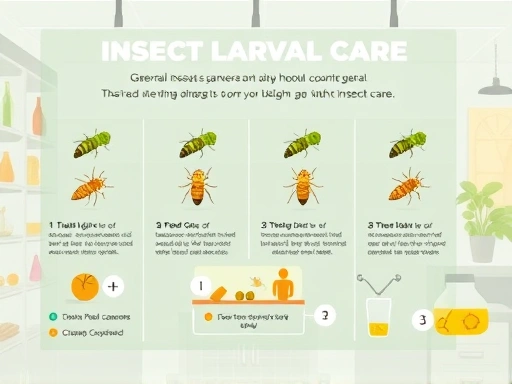 A professional, clean infographic illustrating the general steps of insect larval care, showing different instar stages with simplified icons for feeding, cleaning, and environmental control, in a bright, organized studio setting.