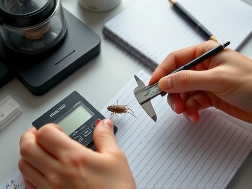 A close-up shot of hands gently using a digital scale and a caliper to measure an insect larva, with a notebook and pen nearby for recording, emphasizing precision and careful handling, in a well-lit home lab setup.