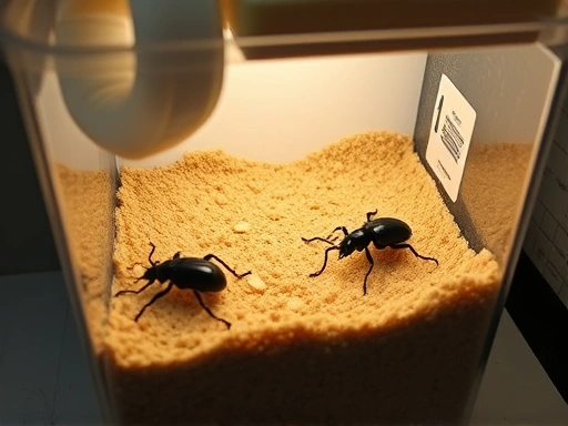 A detailed, well-lit image of a well-maintained long-legged chafer beetle rearing setup, showing substrate, ventilation, and a clear container. The environment is clean and optimal for rare beetle rearing.