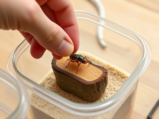 A clear, illustrative image of a hand gently placing a longhorn beetle larva into a specially prepared section of wood within a transparent insect rearing container. The container is filled with suitable substrate, emphasizing the careful process of introducing longhorn beetle larvae to their wood habitat for rearing and observation.