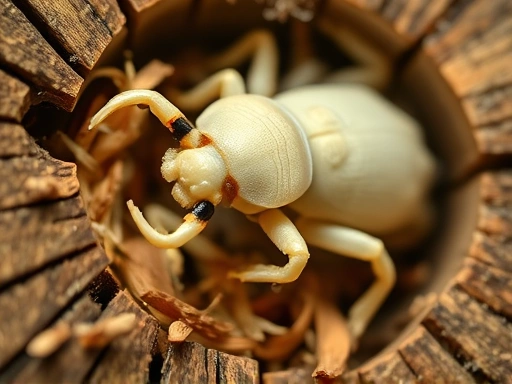 A detailed close-up of a longhorn beetle larva inside a piece of wood, showing its strong mandibles and segmented body, with surrounding wood shavings. The image should convey precision and the delicate process of wood consumption by the larva, highlighting the texture of the wood and the larva's creamy white color, emphasizing the scientific observation of longhorn beetle larvae life in wood.