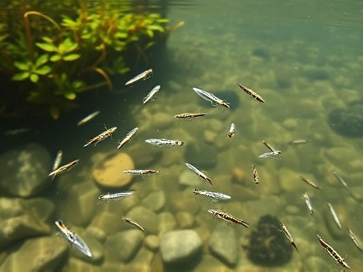 An underwater scene showing various mayfly larvae thriving in pristine, clear river water, surrounded by lush aquatic plants and small smooth stones, indicating a healthy ecosystem.