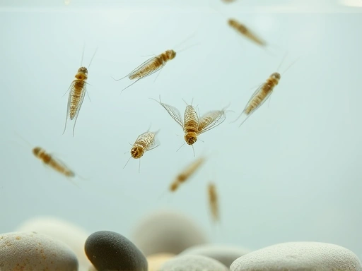 Close-up shot of mayfly larvae inside a clear glass aquarium, demonstrating a simple home rearing setup with an air stone and a few small pebbles, highlighting their delicate features.