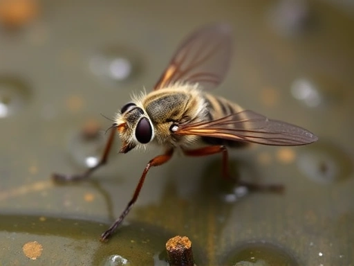 A close-up view of a moth fly perched on a damp surface, highlighting its hairy body and unique wing venation, in a natural drain environment, for an insect rearing guide.