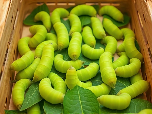 A close-up view of vibrant green mulberry silkworms busily feeding on fresh mulberry leaves in a clean, spacious rearing box, showcasing their healthy growth and the natural process of sericulture.