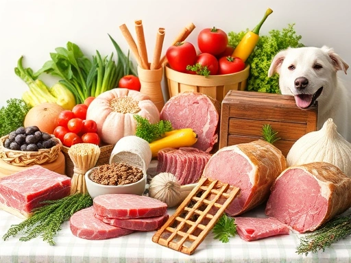 A diverse collection of natural foods for pets and livestock, including fresh meats, vegetables, and fruits, arranged aesthetically to highlight freshness and health benefits, in a bright, natural setting with keywords like 'wholesome nutrition' and 'animal diet'.