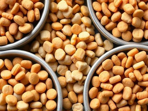 A close-up shot of various types of artificial animal feed pellets and kibble in different shapes and colors, neatly arranged in bowls, emphasizing convenience and scientific formulation, with keywords like 'balanced nutrition' and 'commercial pet food'.