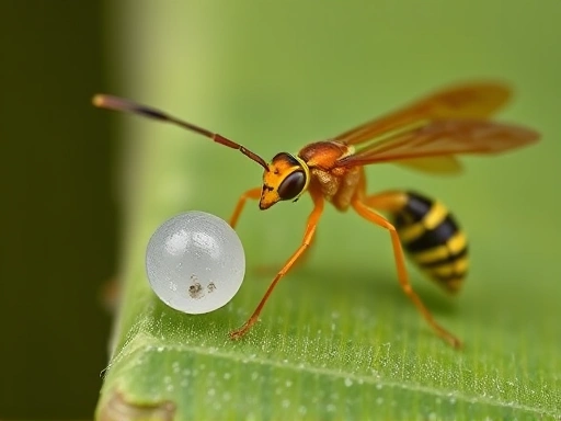 A close-up view of a small, beneficial parasitic wasp, like a Trichogramma, near a tiny moth egg, illustrating natural pest control indoors.