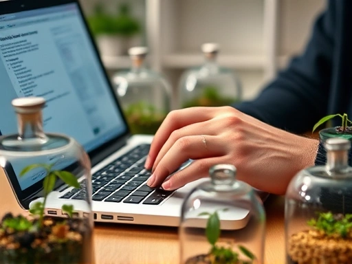 Close-up of a person's hand typing on a laptop, surrounded by small insect breeding terrariums, focusing on the act of sharing and receiving information online.