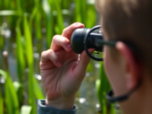 A person, subtly blurred in the foreground, using binoculars to observe a damselfly in its natural wetland habitat, with lush green reeds and sparkling water visible, emphasizing the act of damselfly observation and nature exploration.