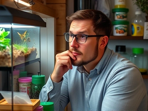 A person with a thoughtful expression observing insects in a terrarium, surrounded by various insect breeding supplies, symbolizing the challenges and contemplation in hobby motivation. Keywords: insect breeding, hobby motivation, sustaining passion, overcoming challenges.