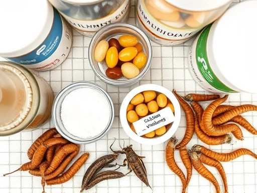 A detailed top-down view of various insect nutrition supplements and vitamins, featuring small containers of calcium powder and multivitamin, with feeder insects like crickets or mealworms nearby, in a clean pet care setup. Focus on organized containers.