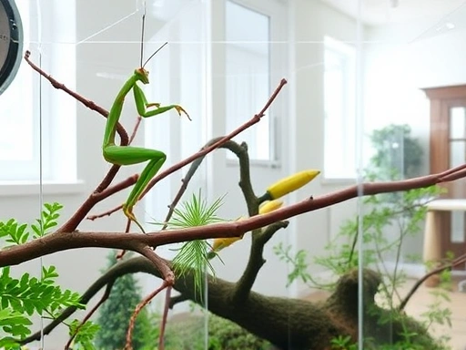 A detailed setup of a praying mantis enclosure, featuring clear acrylic walls, natural branches for climbing, green artificial foliage, and a hygrometer and thermometer visible, in a bright, clean room setting.