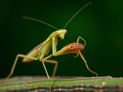 A close-up shot of a praying mantis in mid-strike, capturing a small cricket with its raptorial forelegs, showcasing its intense focus and predatory efficiency, against a natural, blurred green background.