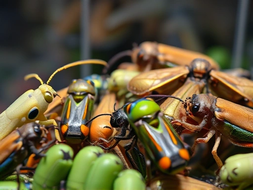 Close-up of a diverse group of exotic insects in a well-maintained enclosure, symbolizing rehoming, with a focus on their health and vibrant colors, bright lighting.