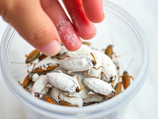 Close-up of a hand gently shaking a clear container with feeder crickets coated in a fine layer of white calcium powder, demonstrating the dusting method for insect nutrition. Focus on the dusting action and powder texture.