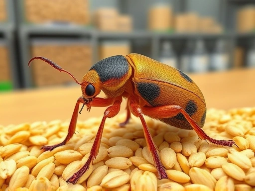 A detailed scientific illustration of a Rhyzopertha dominica weevil, a common grain pest, with a background showing stored grain in a laboratory setting, suitable for a blog about entomology and pest control research.