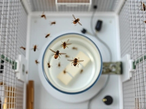 A detailed top-down view of a modern insect breeding cage with small parasitic wasps flying, a clear container for host robber fly larvae, and equipment for temperature and humidity control, emphasizing biological pest control. Focus on a clean and controlled environment, with some natural elements like a small branch or leaf for the wasps to perch on. Use soft, natural lighting.