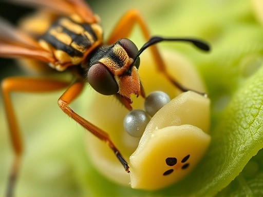 A close-up shot showing a parasitic wasp (parasitoid) actively laying an egg into a robber fly larva, highlighting the precise ovipositor action. The scene should clearly depict the intricate interaction between the wasp and its host, with a focus on the wasp's detailed morphology and the host larva. Soft, macro-style lighting to emphasize detail.