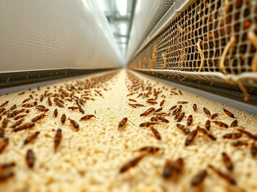 Close-up of a well-maintained, clean insect farm showing healthy insects and clean feed, emphasizing hygiene and quality control for safe insect feed production.