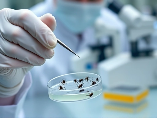 Close-up of a researcher in a lab coat and gloves using fine tweezers to carefully transfer ticks between petri dishes, with other laboratory equipment like microscopes in the blurred background. Emphasize precision and a sterile environment.