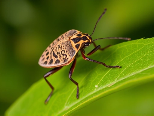 A close-up shot of a shield bug on a green leaf, showcasing its distinctive shield-shaped body and intricate patterns, with a blurred natural background. Focus on the insect's details and its natural habitat.