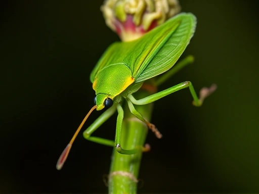 A vibrant green shield bug perched on a plant stem, with its long proboscis visible. The image captures the texture of its wings and the subtle details of its legs and antennae. Bright, natural lighting.