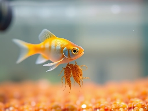 A small, vibrant fish enthusiastically feeding on a cluster of aquatic aphids in a clear freshwater tank, demonstrating live food benefits.