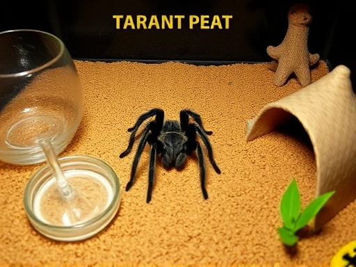 A detailed setup of a spider terrarium with coco peat substrate, a small water dish, and a hide, showing a peaceful pet tarantula inside, emphasizing responsible spider keeping.