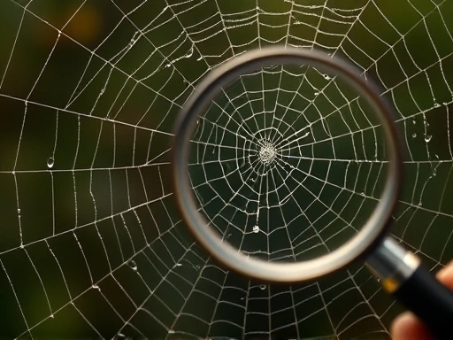 Close-up view of a intricate spiderweb glistening with dew drops, with a magnifying glass held nearby for detailed observation, highlighting the delicate structure and scientific study of spider behavior.