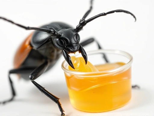 A close-up shot of a healthy stag beetle meticulously feeding on an insect jelly cup, showing intricate details of its mandibles and antennae, highlighting proper nutrition and lifespan extension methods.