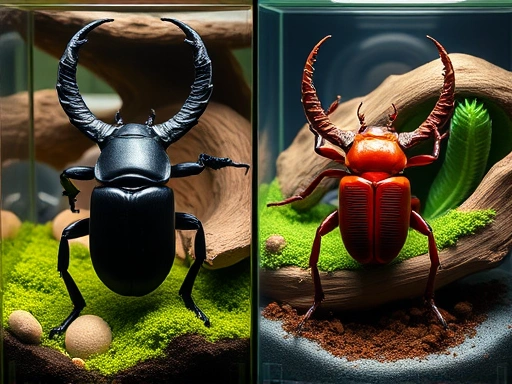 A side-by-side comparison of a large black Stag Beetle and a reddish Sawtooth Stag Beetle in two separate, ideal terrariums, illustrating their distinct habitats, with soft moss and natural wood elements, under ambient light in a detailed, realistic style.