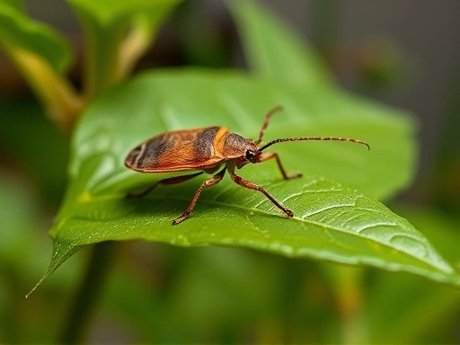 A close-up shot of a well-ventilated insect terrarium, clearly showing a common brown stink bug (Halyomorpha halys) resting on a green leaf, with proper lighting to highlight the ideal breeding environment for stink bugs.