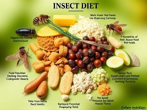 A detailed image of a balanced insect diet, showing various types of food suitable for different insect species, emphasizing proper nutrition for insect health.
