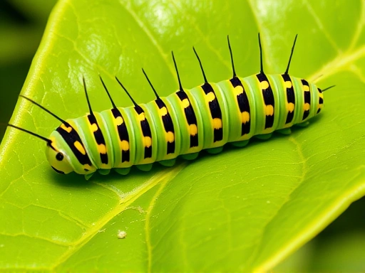 A vibrant green swallowtail butterfly caterpillar, 5th instar, resting on a fresh, glossy citrus leaf with visible frass. The scene is bright and natural, highlighting the caterpillar's unique markings.