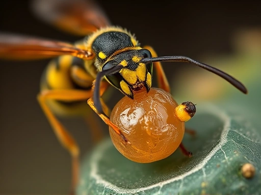 A detailed macro shot of a Habrobracon hebetor wasp paralyzing a moth larva, highlighting the precision of biological pest control in a stored food environment.