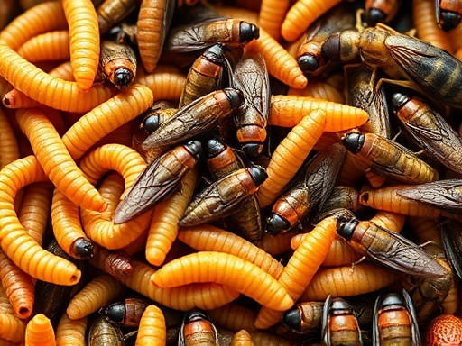 A close-up, high-detail shot of various edible insects like mealworms, crickets, and black soldier fly larvae, showcasing their texture and vibrant colors for a blog on insect breeding profitability.