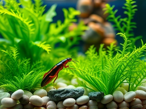 A close-up shot of a vibrant aquatic terrarium designed for water beetles, featuring lush green aquatic plants, small smooth pebbles, and clear water, capturing the intricate details of a water beetle (Dytiscus marginalis) swimming gracefully, with natural lighting.