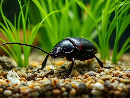 A serene close-up of a large water scavenger beetle (Hydrophilus acuminatus) gracefully navigating a meticulously set up freshwater aquarium, showcasing lush green aquatic plants and natural gravel.