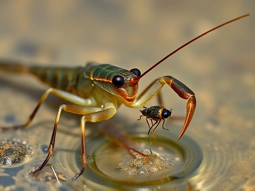 A close-up shot of a water scorpion (Nepidae) carefully holding and feeding on a small insect, highlighting its predatory forelegs and unique breathing siphon, with a shallow, clear water background.
