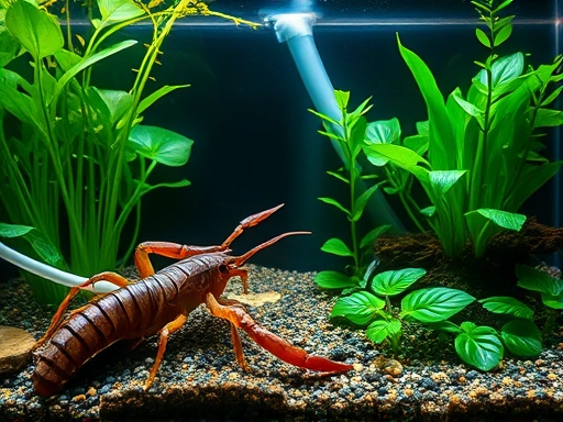 A detailed, serene image of a well-maintained water scorpion aquarium habitat, showcasing lush aquatic plants, natural substrate, and visible breathing tube, with soft ambient light, reflecting the natural pond environment.