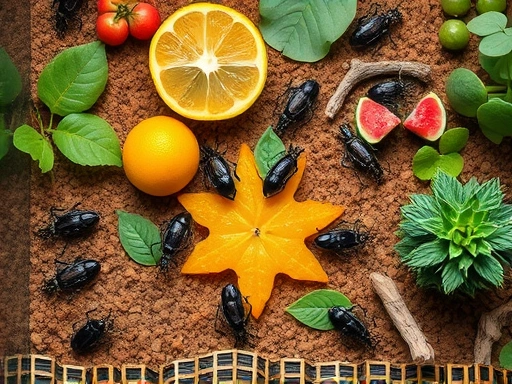 An overhead shot of a clean insect terrarium with various weevils feeding on fresh fruit and beetle jelly, showcasing a well-maintained substrate and small wooden branches for climbing. weevil, terrarium, feeding, habitat, clean, care