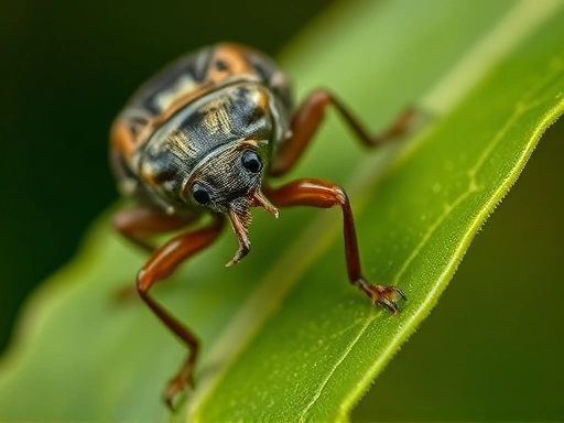 A detailed close-up shot of a weevil (curculionidae) with its distinctive snout, perched on a green leaf in a natural habitat, showcasing its intricate exoskeleton and gentle focus. weevil, beetle, insect, close-up, nature, detail