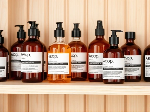 A visually stunning arrangement of various Aesop fragrance bottles, showcasing their minimalist amber glass design on a clean, light wooden shelf, reflecting a modern, serene aesthetic.